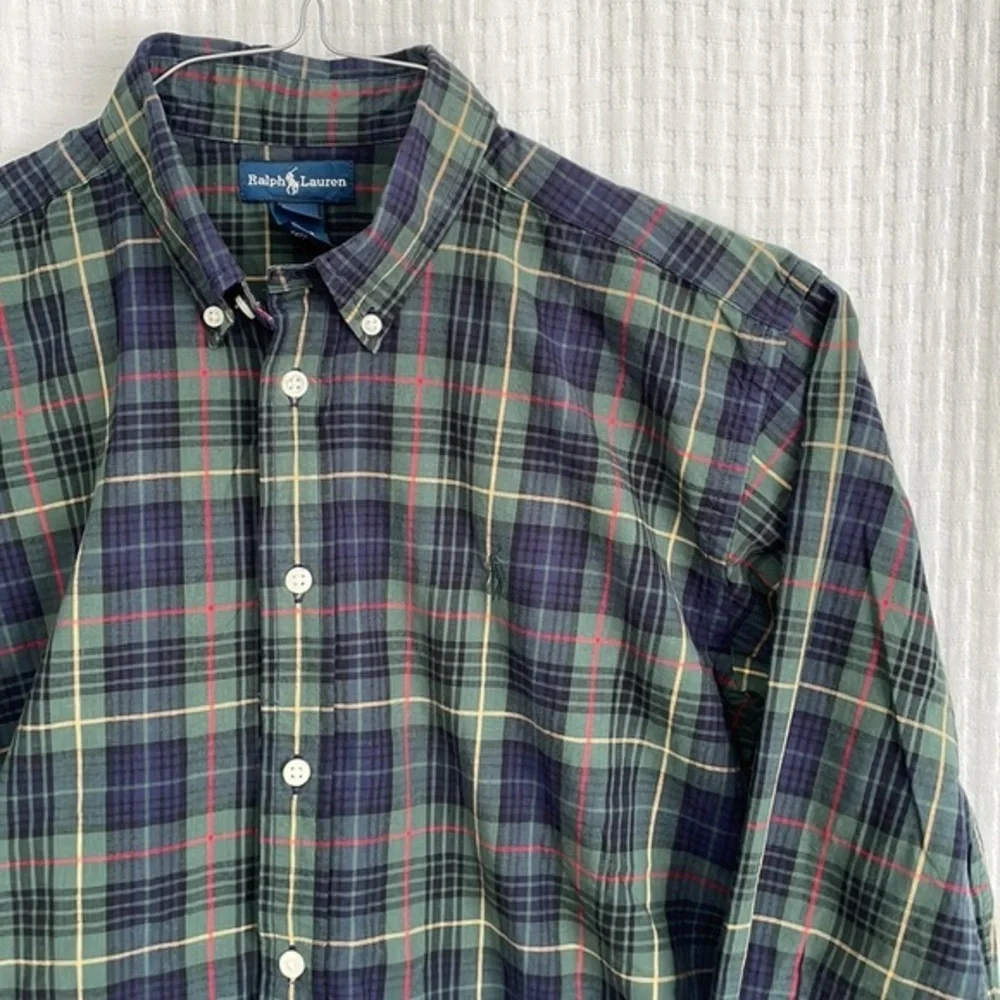 Ralph Lauren Vintage boys Large (16/18) forest green & navy blue plaid‎ shirt.